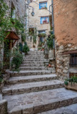Fototapeta Mapy - Narrow cobbled street with flowers in the old village Tourrettes-sur-Loup , France.