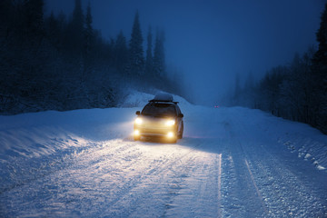 Car lights in winter forest