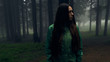 Young woman in mystical forest. Woman in gloomy mystical forest - thriller scene. Wide-angle lens. Close-up
