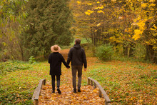 Couple Of Tourist Walking Having Good Time In Autumn Park  