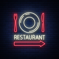 Wall Mural - Restaurant logo, sign, emblem in neon style. A glowing signboard, a nightly bright banner. Glowing neon night advertisement of a restaurant, cafe snack bar and other institutions. Vector illustration
