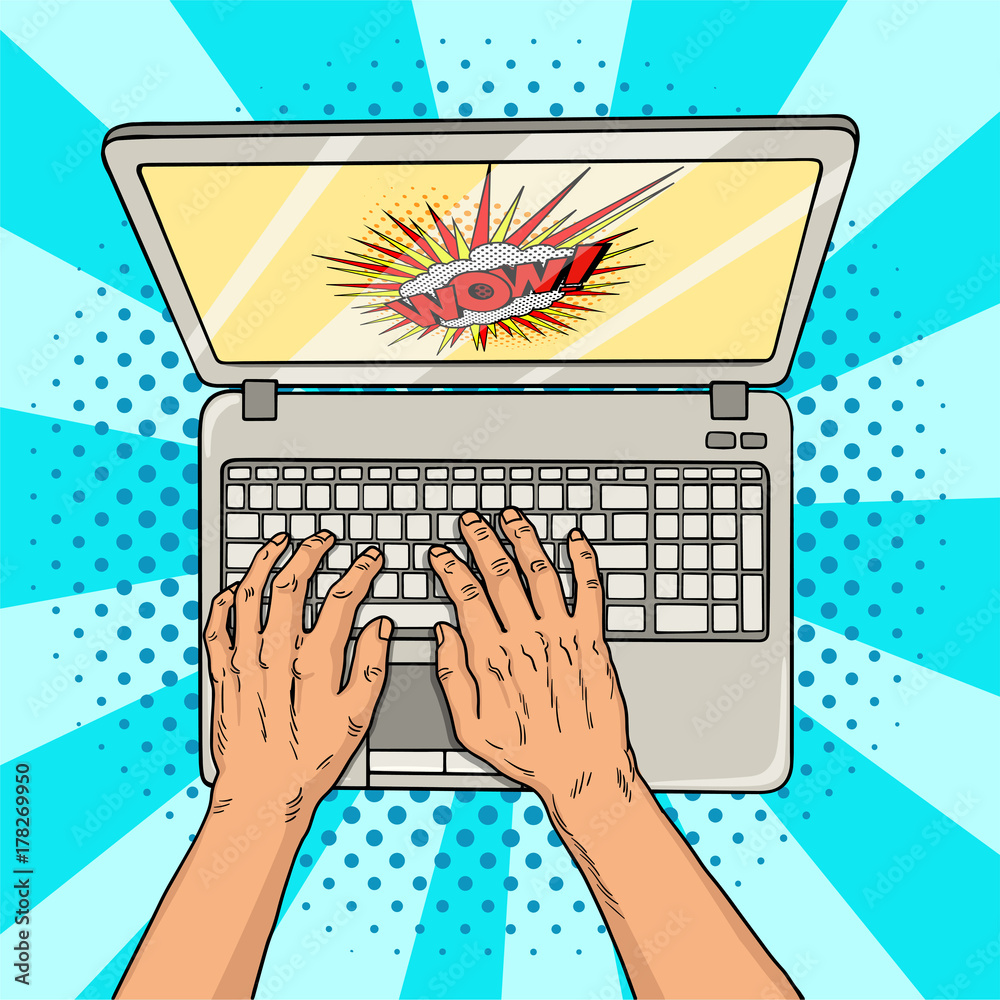 Computer Working Comic Hands on laptop comic style. Office worker or freelancer at work on a ...