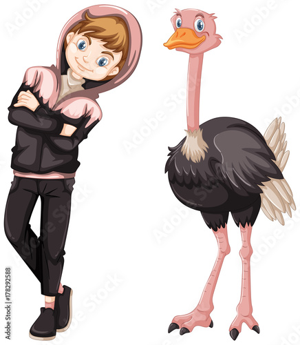 Fotomural Teenage boy with cute ostrich