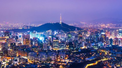 Fototapete - Cityscape of Seoul with Seoul tower at night, South Korea. Zoom in