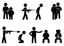 Set Of Terrorist And Hostages People. Terrorist Hostage Threat. Terrorism World Threat Concept. Vector Illustration.