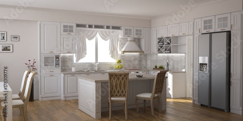 Zdjęcie XXL 3D Render. Kuchnia CLASSIC w kolorze białym z wyspą kuchenną