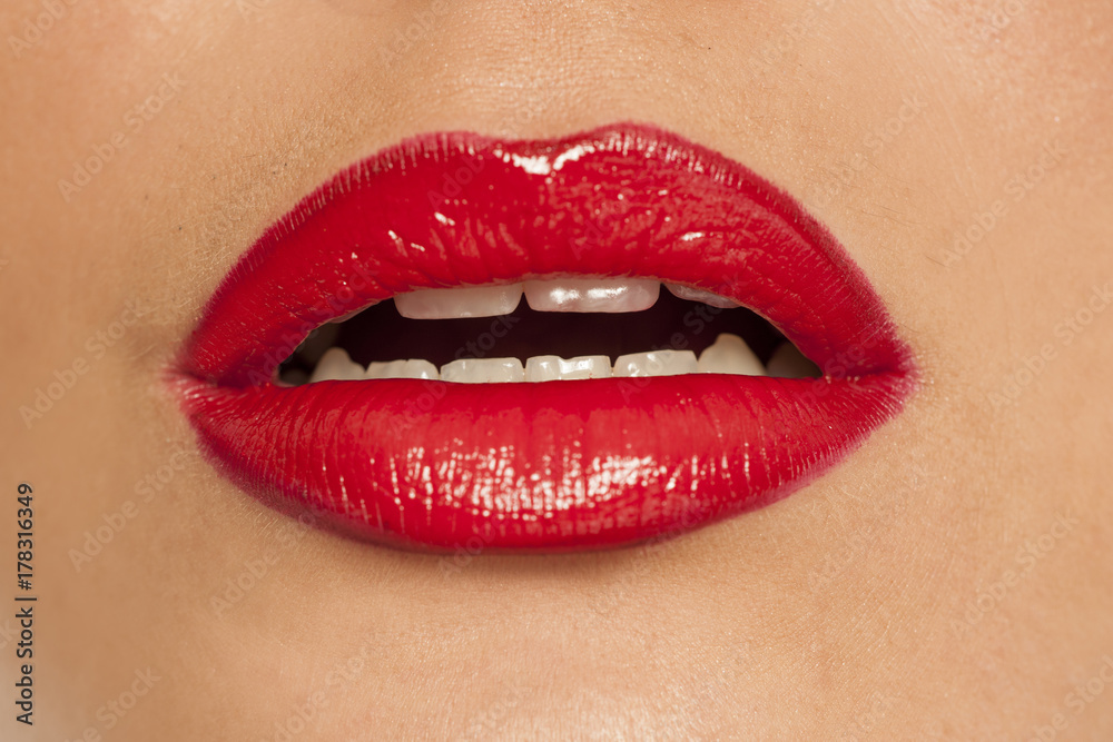 beautiful lips with red lipstick - obrazy, fototapety, plakaty 
