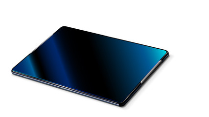 Empty black abstract tablet isolated on a white background. Perspective view. Realistic vector. The tablet lies on the table with a digital screen up. mock up.