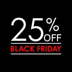 25% off. Black Friday sale and discount banner. Sales tag design template. Vector illustration.