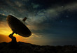 silhouette of a radio telescope at sunset