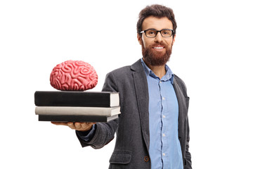 Poster - Professor showing a stack of books and a brain model