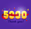 Thank you 5000 followers network card. Vector design template for friends, subscribers and followers. Banner for Social Networks. Card for user who celebrates a big number of followers.