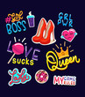 Fashion girls stickers and badges set. Modern feminism slogans. Colorful lettering and elements designs for cards, patches, posters, labels, mugs or party. Vector illustration
