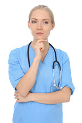 Smiling young nurse portrait isolated over white background. 