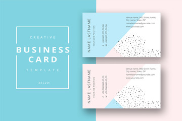 Trendy minimal abstract business card template in pink and blue. Modern corporate stationary id layout with geometric lines. Vector fashion background design with information sample name text.