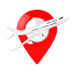 Leinwandbilder - White Jet Passenger's Airplane with Red Map Target Pin. 3d Rendering