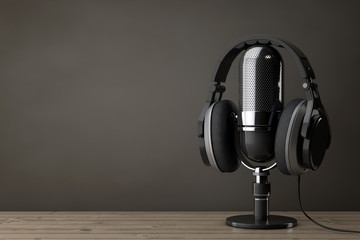 Aufkleber - Black Headphones over Microphone. 3d Rendering
