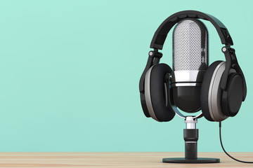 Leinwandbilder - Black Headphones over Microphone. 3d Rendering