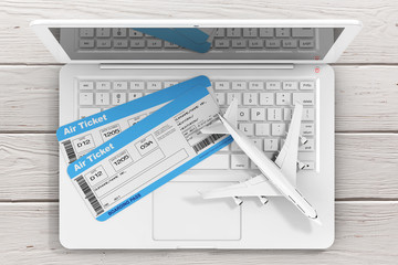 Poster - Online Booking Concept. Airline Boarding Pass Tickets with Jet Airplane over Laptop over Wooden Table. 3d Rendering