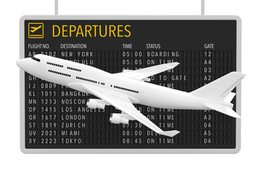 Aufkleber - Air Travel Concept. White Jet Passenger's Airplane near Airport Departures Table. 3d Rendering