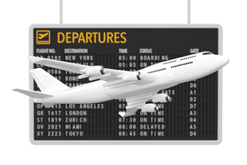 Aufkleber - Air Travel Concept. White Jet Passenger's Airplane near Airport Departures Table. 3d Rendering