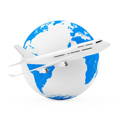 Poster - Flying Around the World Concept. White Jet Passenger's Airplane near Earth Globe. 3d Rendering