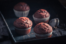 Yummy And Sweet Chocolate Muffin On An Old Baking Tray