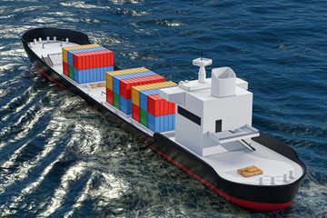 Aufkleber - Business Logistic Concept. Tanker or Container Cargo Ship Moving in Ocean Water. 3d Rendering