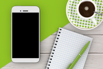 Poster - Blank Note Pad with Pen and Cup of Coffee. 3d Rendering