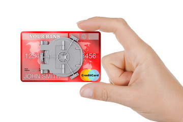Poster - Secure Online Banking Concept. Closeup Woman Hand Hold Credit Card with Bank Safe Door.
