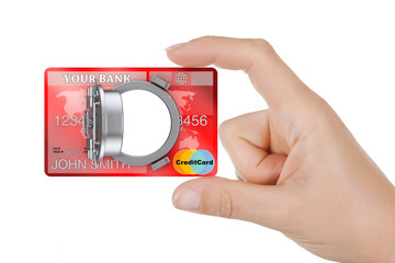 Poster - Secure Online Banking Concept. Closeup Woman Hand Hold Credit Card with Bank Safe Door.