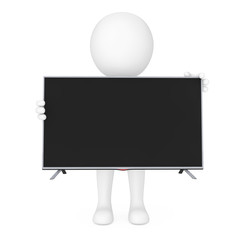 Aufkleber - 3d Small Person Standing Hold in Hands Modern Flat Led or Lcd TV. 3d Rendering