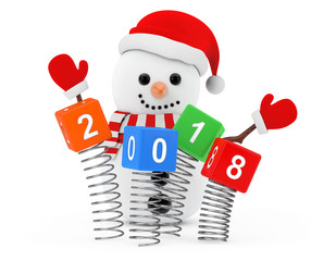 Aufkleber - New Year Concept. Snowman near Christmas Spring Cubes with 2018 New Year Sign. 3d Rendering