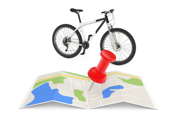 Poster - Black and White Mountain Bike Near Folded Abstract Navigation Map with Pin. 3d Rendering