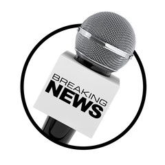 Poster - Microphone with Breaking News Box Sign as Circle Icon. 3d Rendering