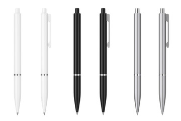 white, black and metal mockup ballpoint pens with blank space for yours logo or design. 3d rendering