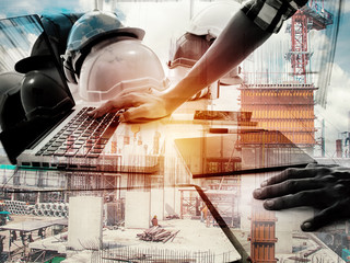 double exposure architect working with laptop and blueprints in workplace for architectural plan,sel