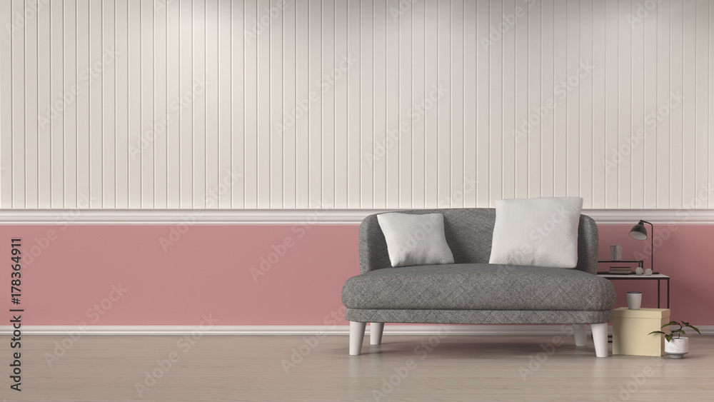 simple living room gray sofa in front of white and pink wall interior design 3D illustration,decoration room with lamp interior background - obrazy, fototapety, plakaty 