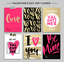 Valentine's Day Card Set With Modern Calligraphy. Gift Tags With Gold, Black, Pink, White Colors. Brush Design Print  For Valentine And Wedding. Love. Be Mine. White And Pink 