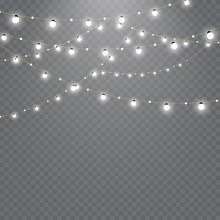 Christmas Lights Isolated On Transparent Background. Set Of Golden Xmas Glowing Garland. Vector Illustration