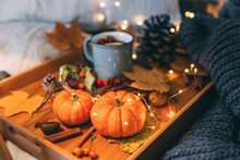 Autumn Still Life. Cozy Composition With Pumpkin And Tea