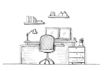 Fototapete - Hand drawn the room. Office chair, desk, various objects on the table. Sketch workspace.
