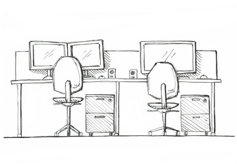Fototapete - Open Space office. Workplaces outdoors. Tables, chairs. Illustration in a sketch style.