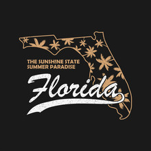 Florida State Typography Graphics For T-shirt, Clothes. Grunge Print For Apparel With Palm Trees And Map. Vector Illustration.