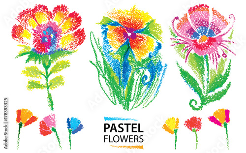 Vector set with oil pastel childlike stylized flowers isolated on white backg...