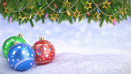 Wall Mural - Christmas balls in snow and Twigs decoration on bokeh background - 3D render. Seamless loop