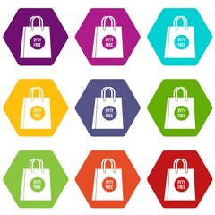 Poster - Duty free shopping bag icon set color hexahedron