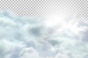 Wall Mural - Vector realistic isolated fluffy clouds sky with bright sun for decoration and covering on the transparent background.