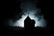 Scary View Of Zombies At Cemetery Dead Tree, Moon, Church And Spooky Cloudy Sky With Fog, Horror Halloween Concept