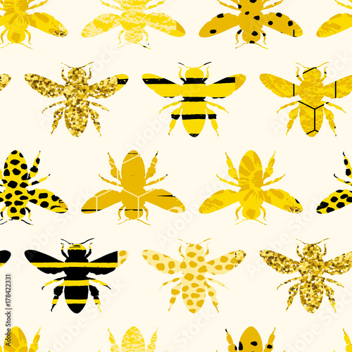 Cotton fabric Seamless geometric pattern with bee. Modern abstract honey design.